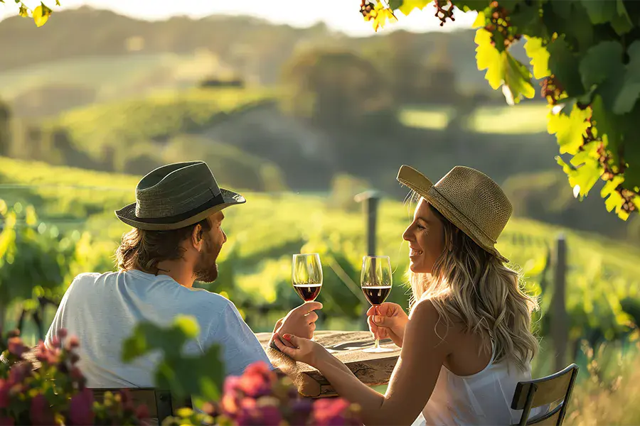 Couple toasting with glasses of red wine in an Italian vineyard at sunset, surrounded by grapevines and rolling green hills.