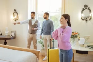 Couple arriving at a hotel room with luggage, being welcomed by a host and admiring the elegant interior.