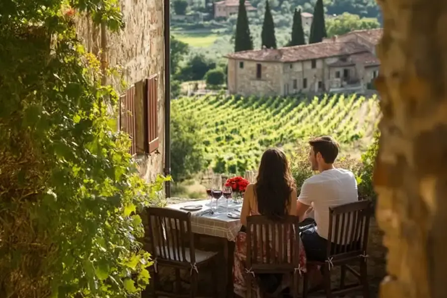 Couple sitting at an outdoor table enjoying glasses of red wine, with a view of vineyards and rustic buildings in the Tuscan countryside. 