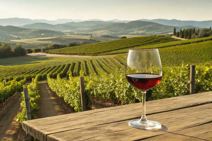 A glass of red wine on a wooden table in front of a vineyard in Tuscany, with rows of grapevines stretching across the rolling hills under the sunset light.