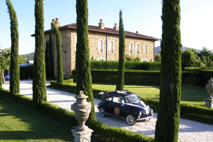 Scenic view of Borgo Santo Pietro, a luxury Tuscan retreat, perfect for guests attending the Palio di Siena.