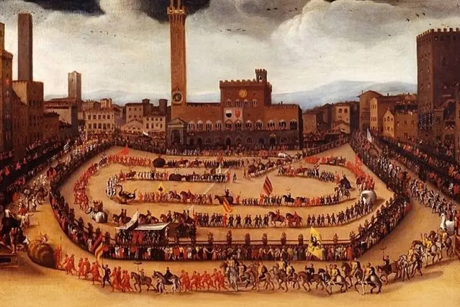 Historical painting depicting a traditional Palio di Siena parade in Piazza del Campo, showcasing the medieval origins of the race.