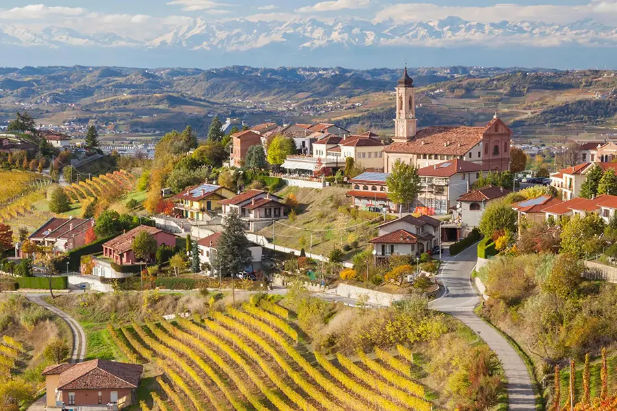 Hilltop village in Piedmont surrounded by vineyards with a church tower and the Alps in the background